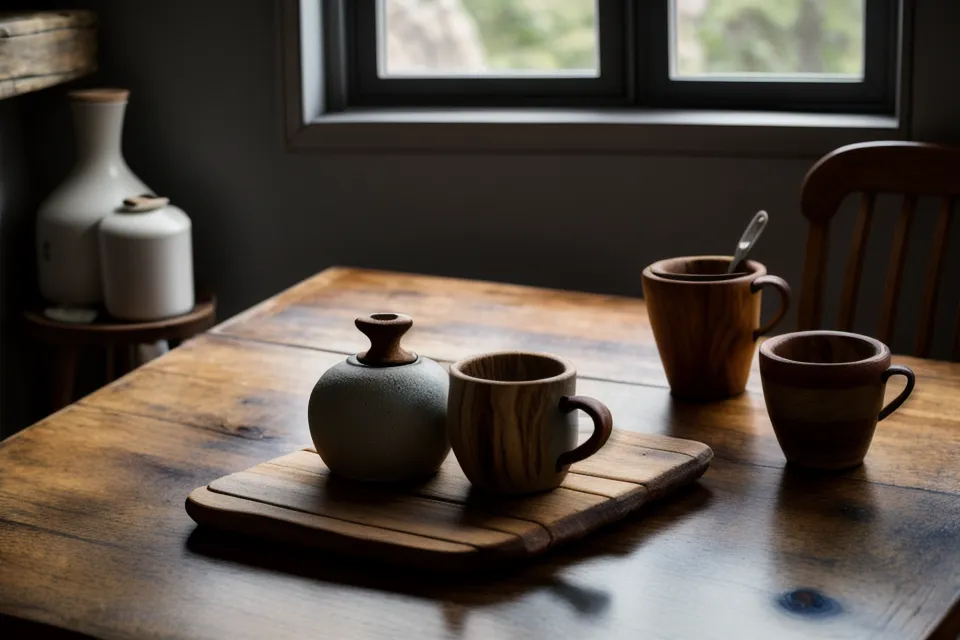 Dos personas compartiendo un momento de calma en la mesa de la cocina tras ordenar la gestión del tiempo en casa.