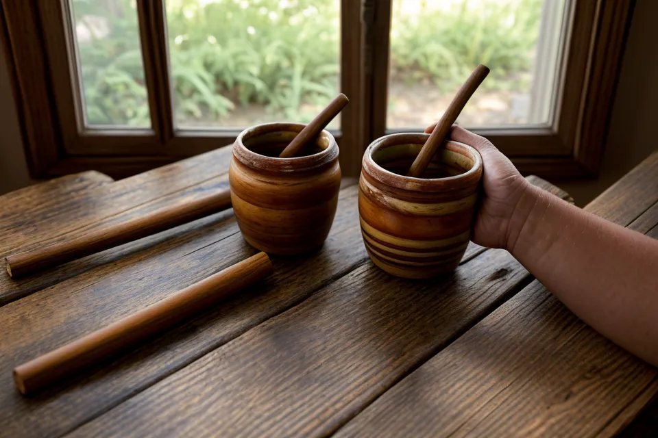 Manos sosteniendo un mate sobre una mesa de madera, en una pausa de calma dentro de una conversación de pareja.