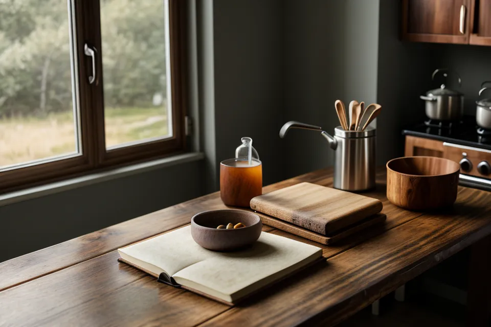 Primer plano de manos sosteniendo un mate sobre una mesa de cocina, la pausa que ayuda a bajar el tono antes de hablar de tareas del hogar.