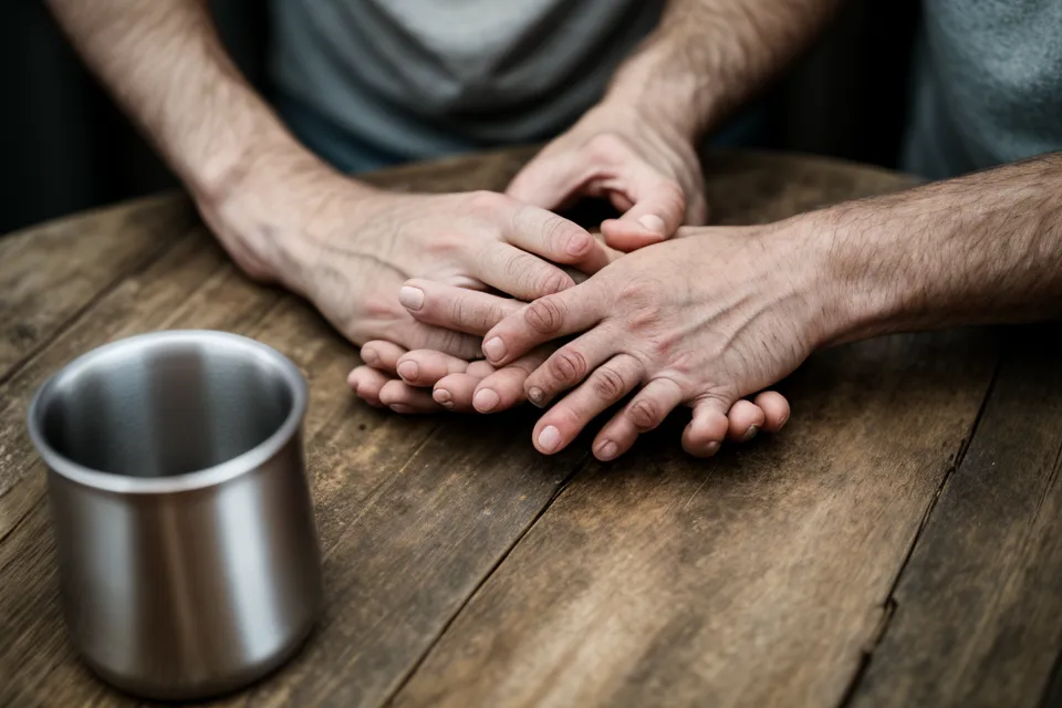 Manos tensas de un hombre sobre la mesa de la cocina, señal física antes de discutir con la pareja