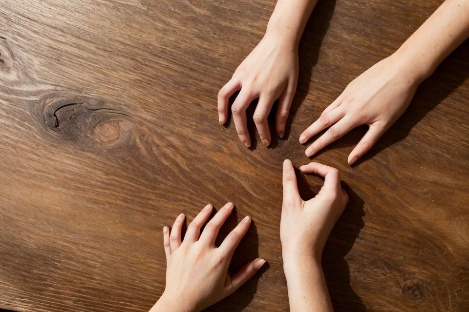 Mano apoyada sobre la mesa de madera, gesto para frenar una reacción física en plena discusión