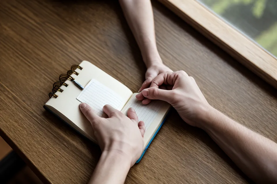 Mano relajándose sobre una mesa de madera junto a un cuaderno, señal de una pausa antes de responder en una discusión de pareja