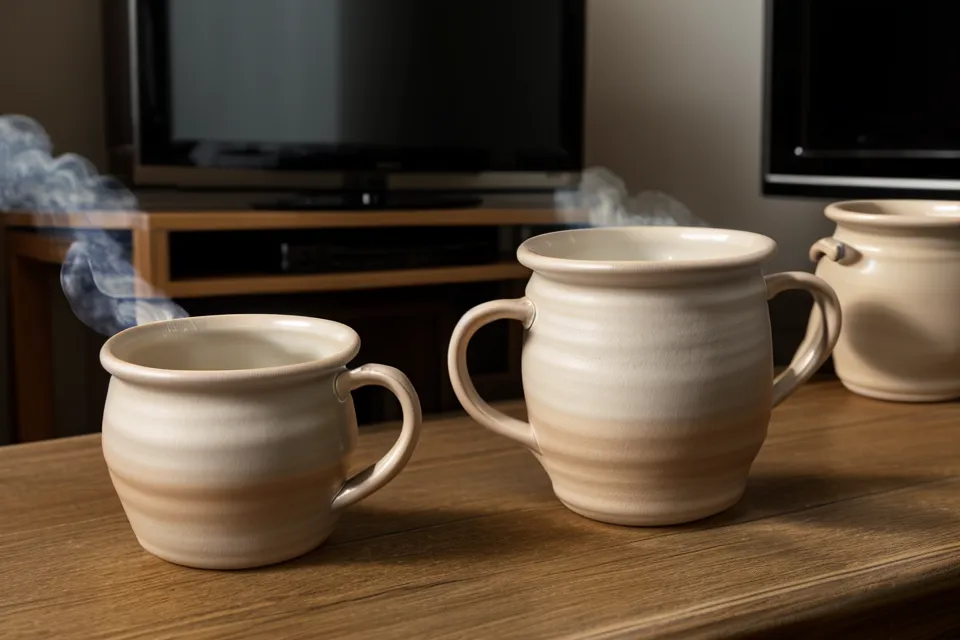 Sala de estar en penumbra con dos tazas sobre la mesa ratona, después de una charla de pareja que no escaló