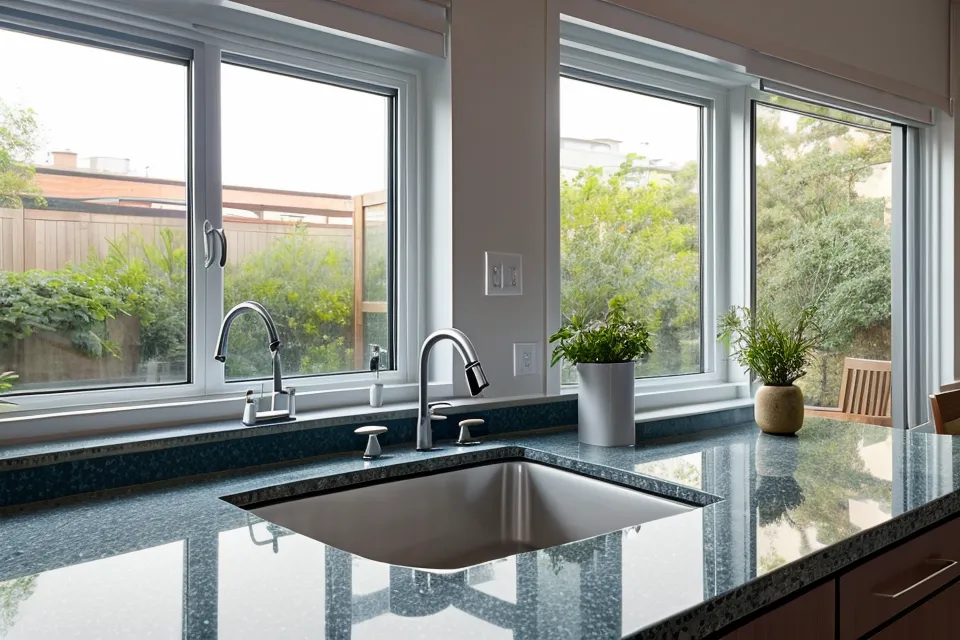 Cocina ordenada con vista a un patio rosarino al atardecer, organizando tareas del hogar a mitad de semana
